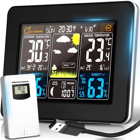 M029C  (Aleja1)  BEZPRZEWODOWA STACJA POGODY LCD POGODOWA HIGROMETR BAROMETR DCF + CZUJNIK -E253