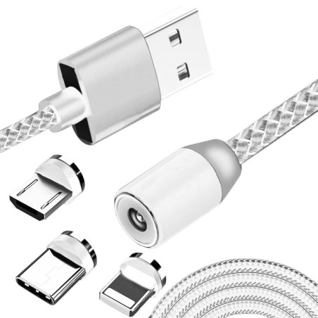 N196 KABEL MAGNETYCZNY 3w1 DO IPHONE MICRO USB TYP-C 1m - szary