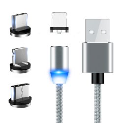 N196 KABEL MAGNETYCZNY 3w1 DO IPHONE MICRO USB TYP-C 1m - szary