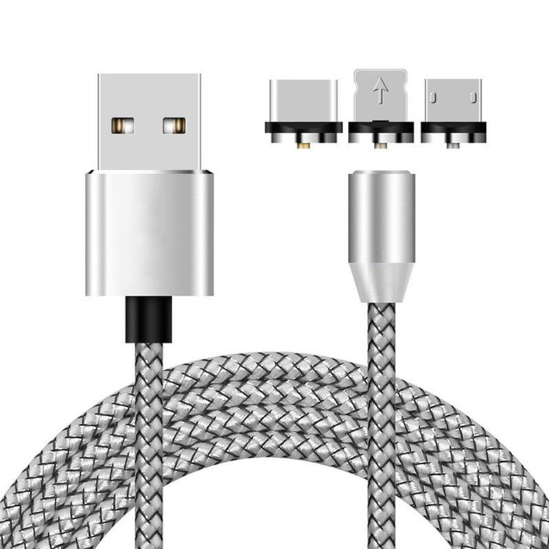 N196 KABEL MAGNETYCZNY 3w1 DO IPHONE MICRO USB TYP-C 1m - szary