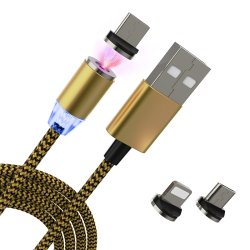 M000 KABEL MAGNETYCZNY 3w1 DO IPHONE MICRO USB TYP-C 1m - żółty złoty