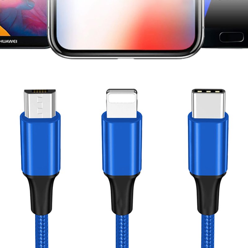 M002D   KABEL ŁADOWARKA 3w1 DO IPHONE MICRO USB TYP-C - niebieski -E198-2