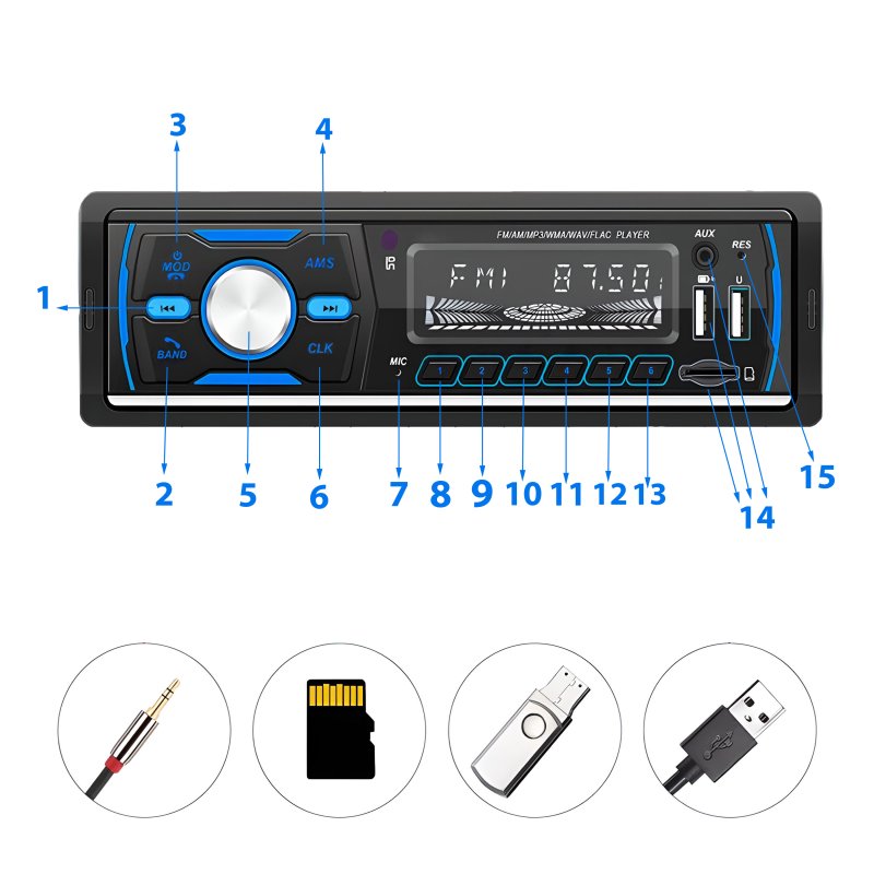 M056B (ALEJA2) Z043H RADIO SAMOCHODOWE BLUETOOTH USB SD MP3 FM AUX KOLORY PILOT ZESTAW  -M024-1